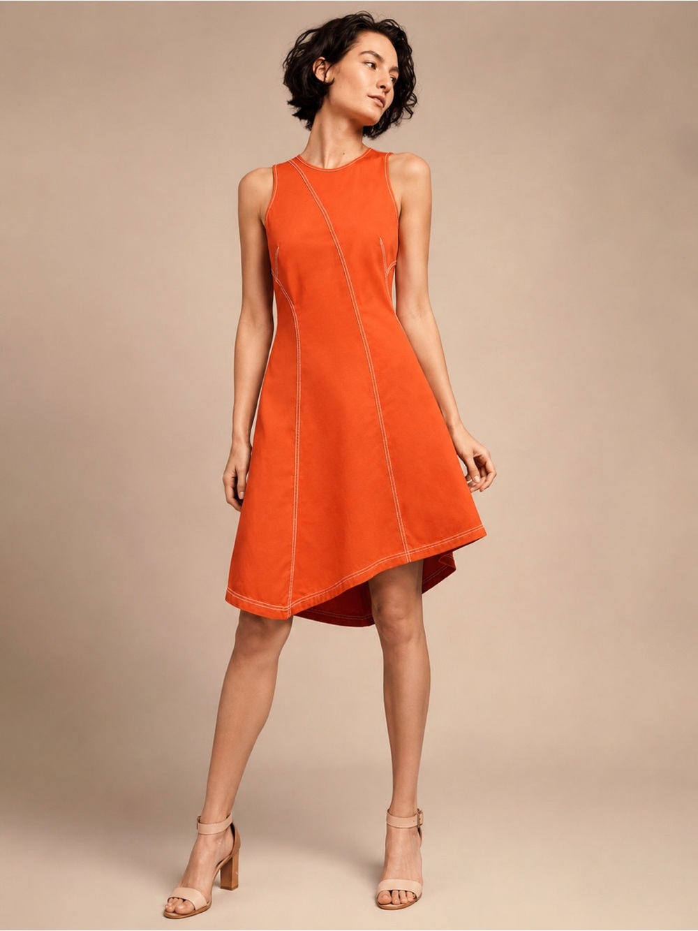 Maeve Anthropologie Dress Women Size 8 Orange Contrast Stitch Asymmetric Hem